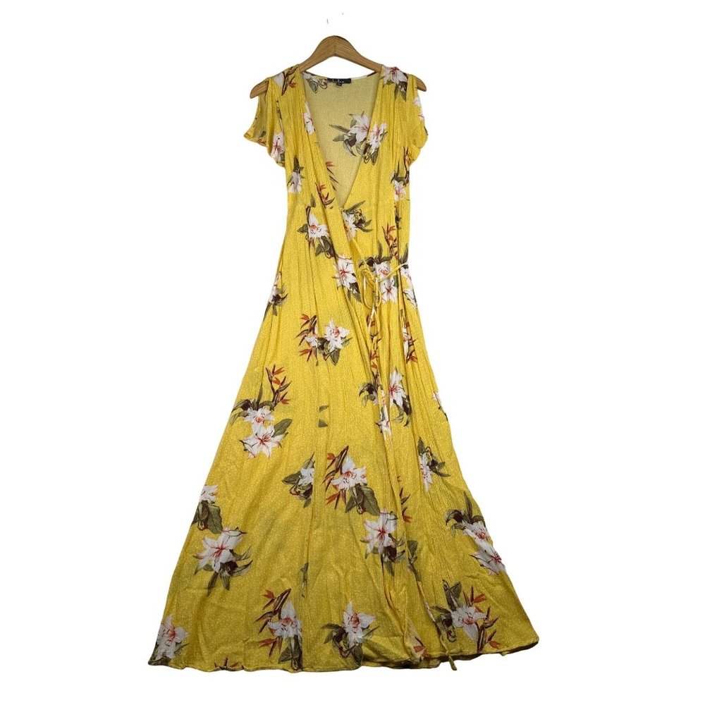 Lulus Heart of Marigold Crepe Tropical Print Wrap Maxi Dress sz XS Yellow